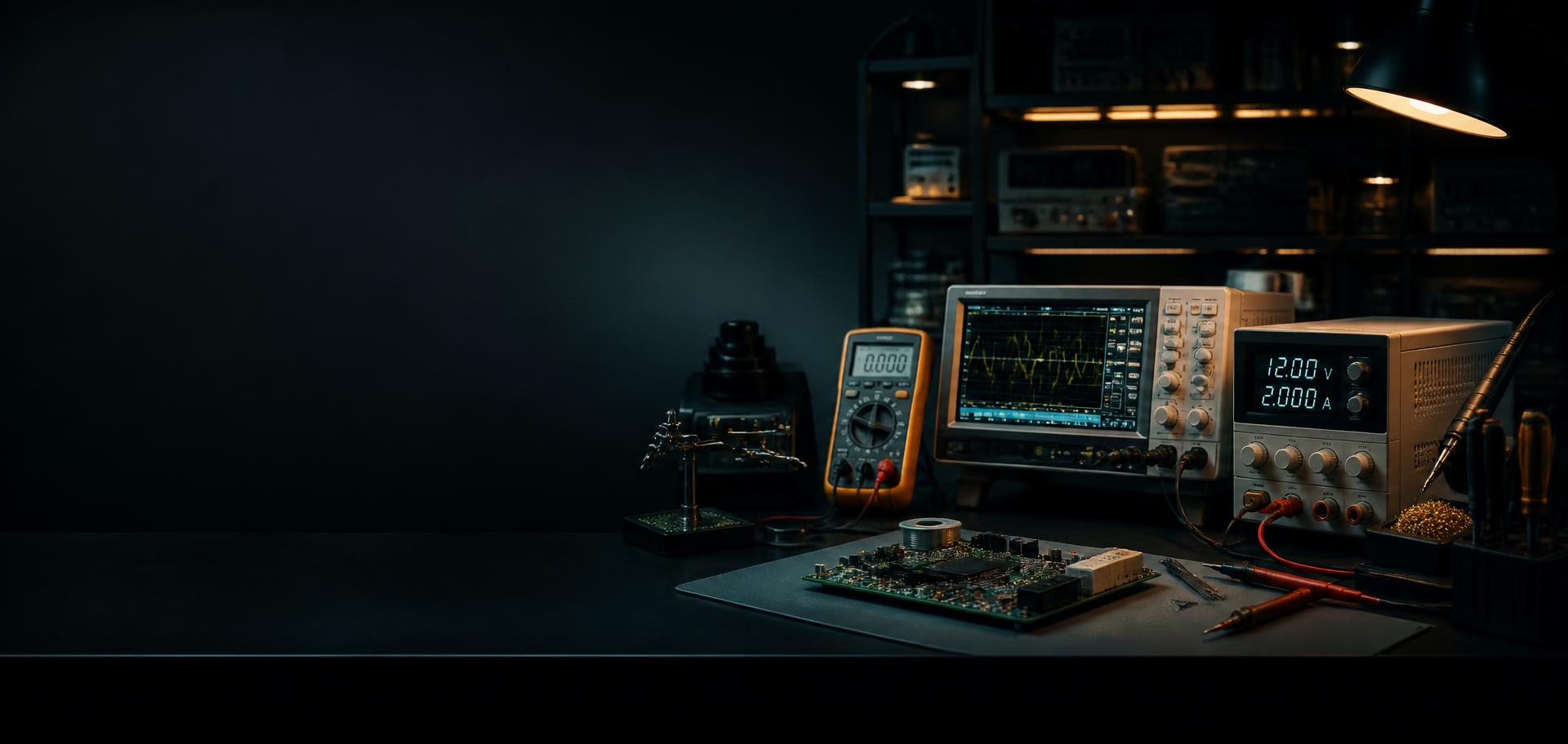 Bàn kỹ thuật với oscilloscope, đồng hồ vạn năng và nguồn DC